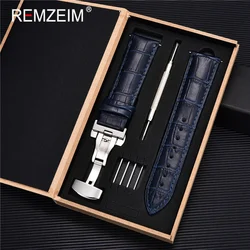 Premium Genuine Leather Watch Band with Stainless Steel Butterfly Clasp and Tool Set - 22mm (Dark blue - silver)