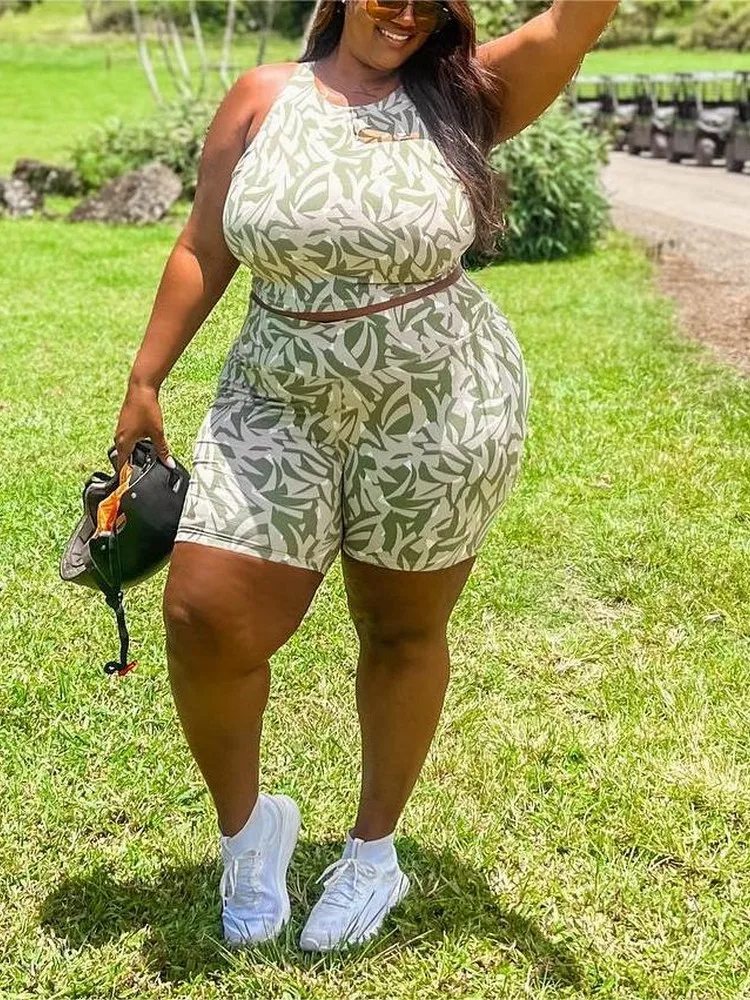 

ZJFZML ZZ Plus Size Women's Clothing 2 Piece Tracksuit 2023 Leaves Print Round Neck Sleeveless Tank Top and Empire Waist Shorts