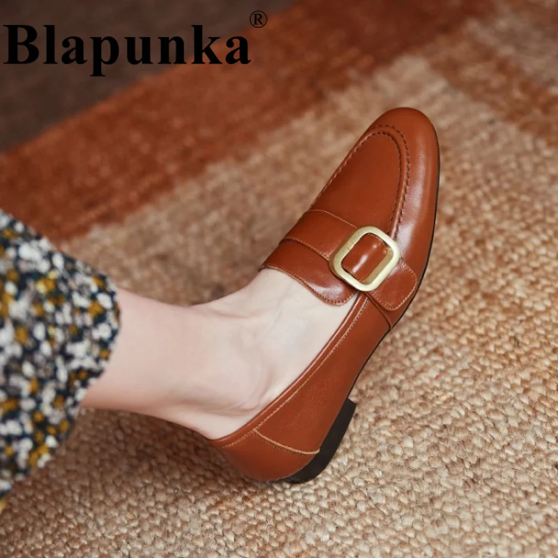 

Лоферы Blapunka женские из натуральной кожи, ручной работы, с металлической пряжкой, круглый носок, без застежки, удобные мягкие туфли на плоской подошве, весна 40