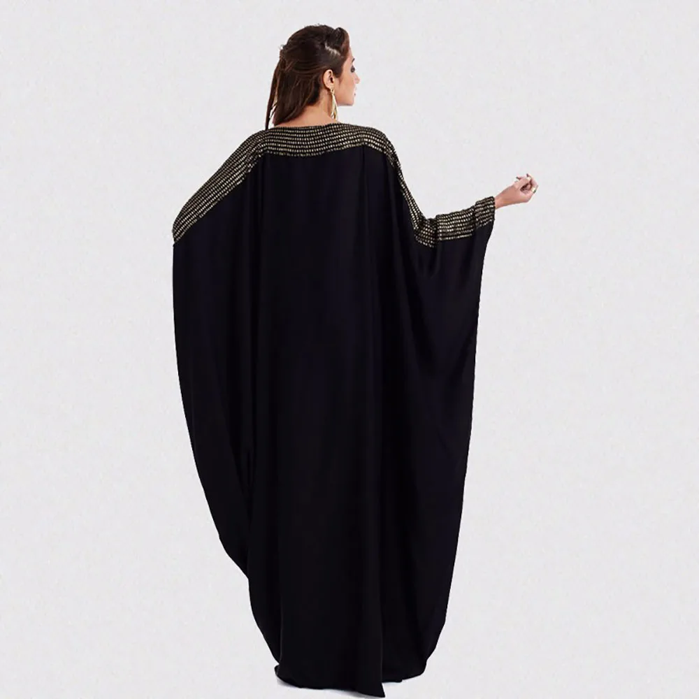 Arab Elegant Loose Solid Robe Muslim Hui Dubai Gold Stamping Bat Long Sleeve Ladies Kaftan Spring Oversized Women's Black Dress