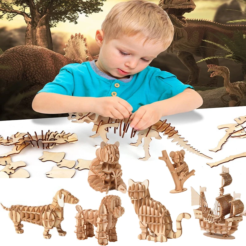 Rompecabezas de madera 3D para niños, simulación de ensamblaje de animales, modelo de esqueleto, juguete para niños, manualidades de manos, juegos de rompecabezas de madera, Kit de construcción