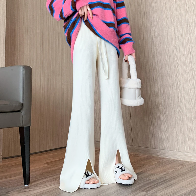 

Limiguyue White Split Knit Pants Slim Women High Street Micro-trumpet Wide Leg Pants High Waist Full Length Pants Casual T191