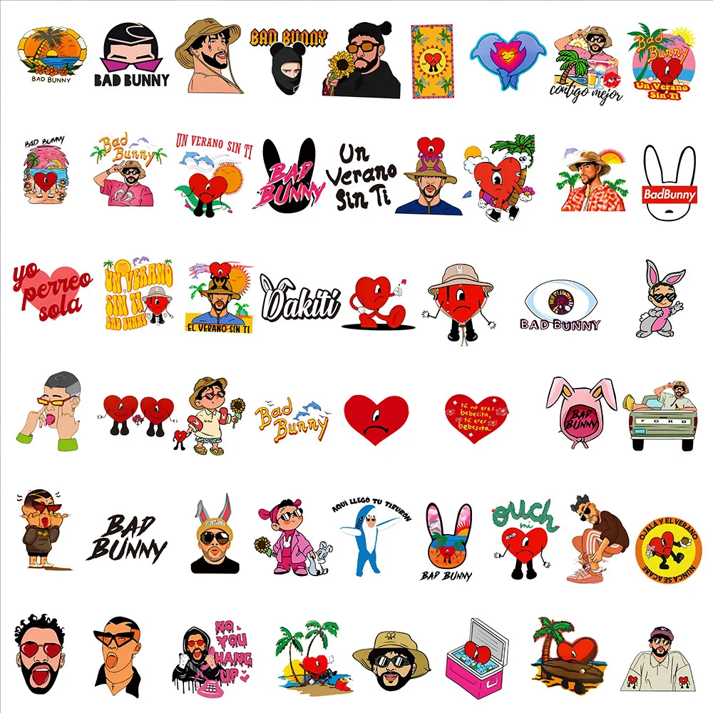 50PCS Bad Bunny Stickers DIY Waterproof Graffiti Decals for Laptop Phone Water Bottle Sticker Packs