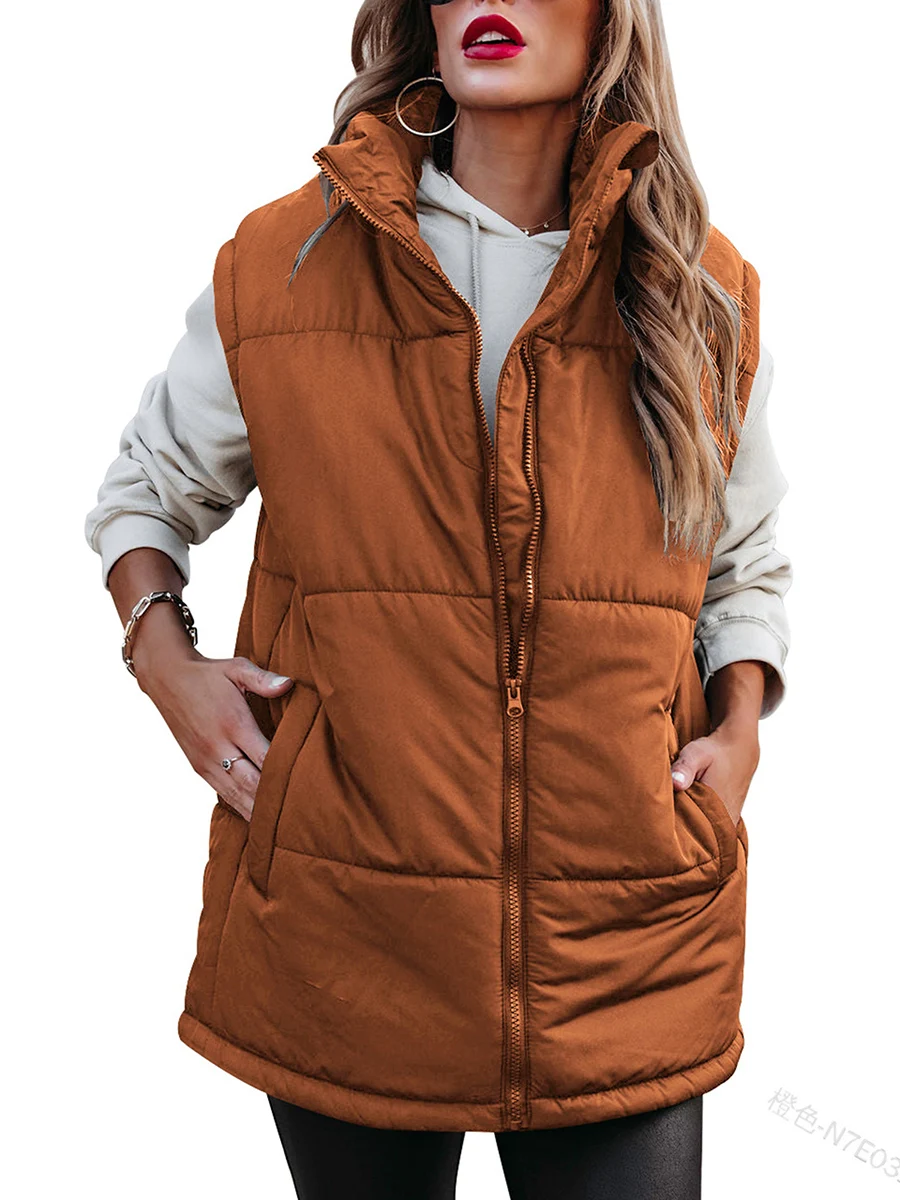 

Douhoow Women's Solid Color Zipper Warm Quilted Vest Stand Collar Solid Color Waistcoat Autumn Winter Sleeveless Vests Outwear