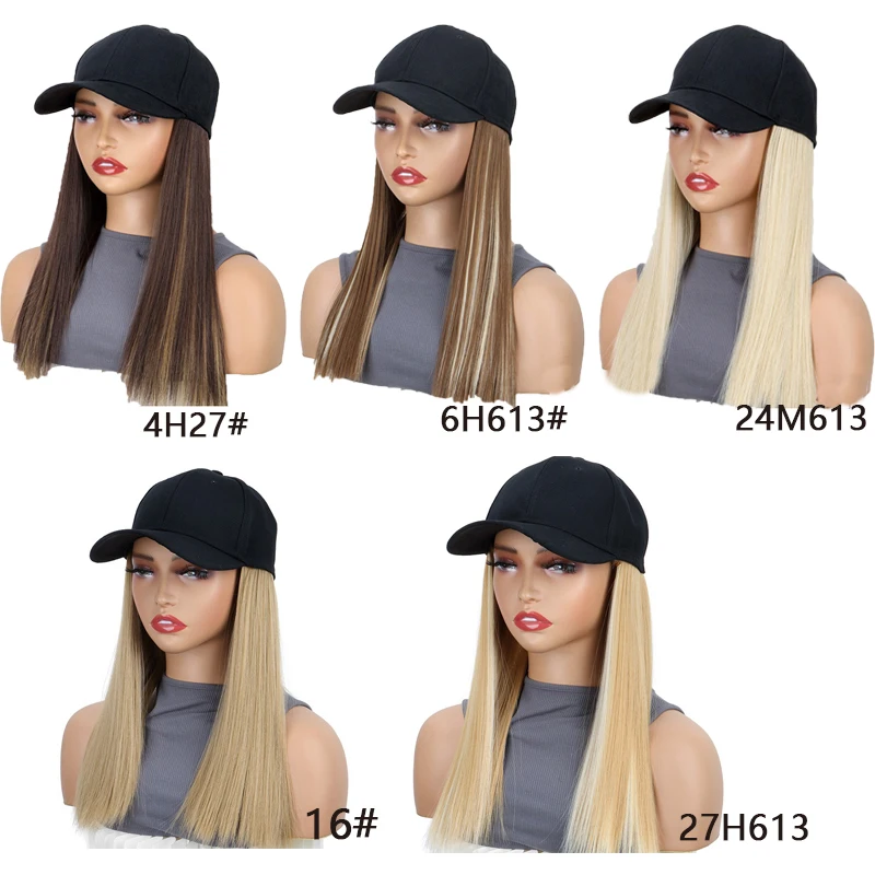 18Inch Synthetic Baseball Cap Wig With Black Hat Long Straight Hair Wigs for Women Connect One Piece  Adjustable