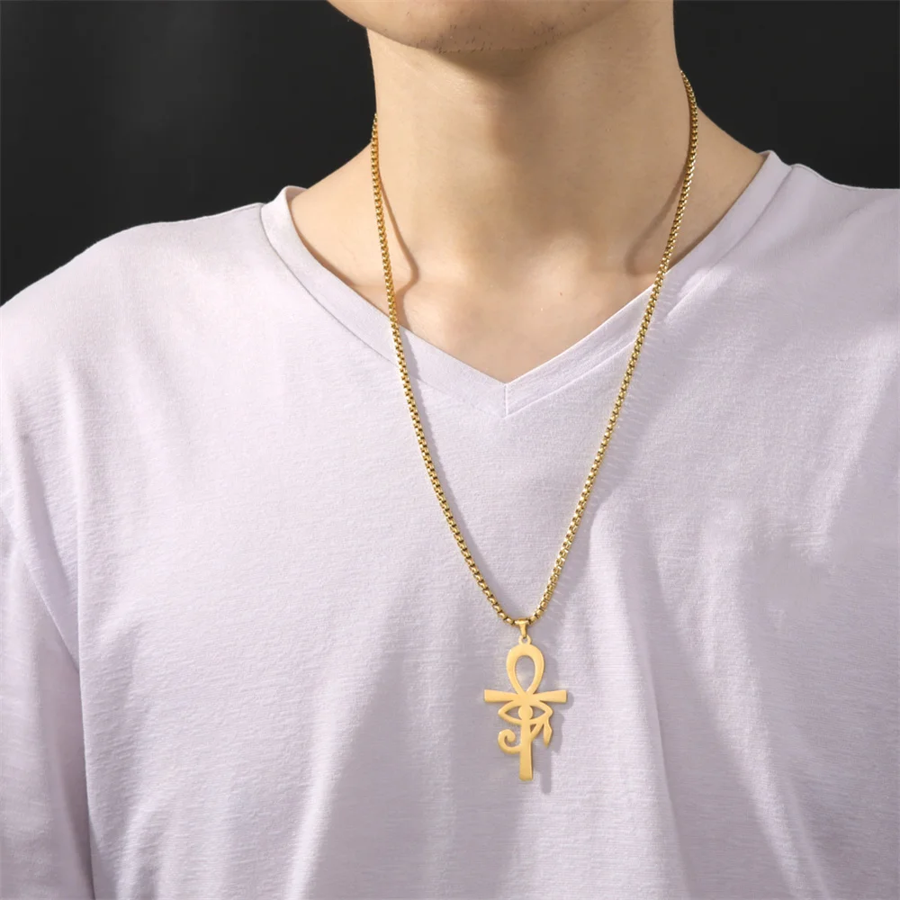 Auge des Horus Ägypten Kette Halsketten für Frauen Männer Edelstahl Ankh Kreuz Religiöse Halskette Choker Schmuck Geschenk bijoux femme – Detail 11