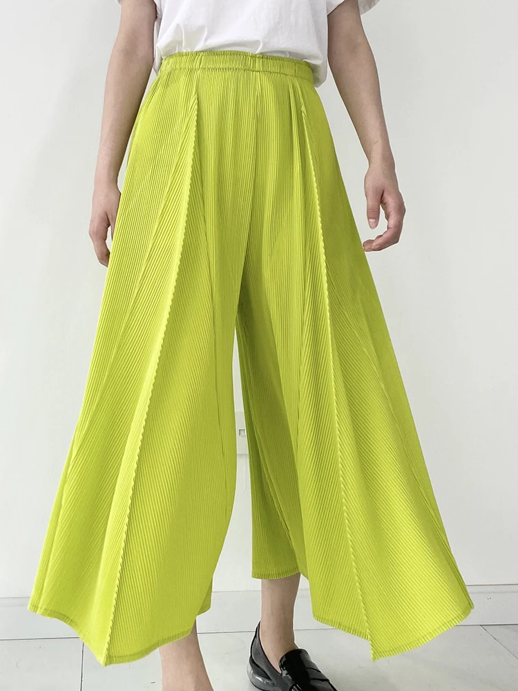 Miyake Pleated Wide Leg Harem Pants Fluorescent Green Elastic Waist Korean Style Women 2023 Spring Summer New Designer Clothes