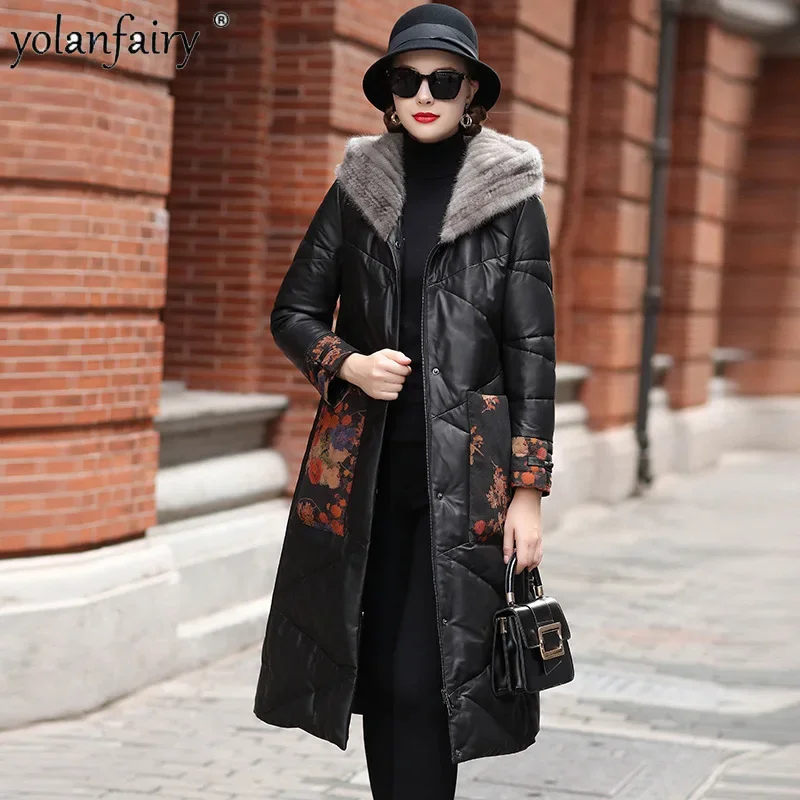 

2023 New Genuine Leather Down Coat Women's Winter Jacket Female Mink Fur Collar Pure Sheepskin Coats Fashion Women Clothing FCY