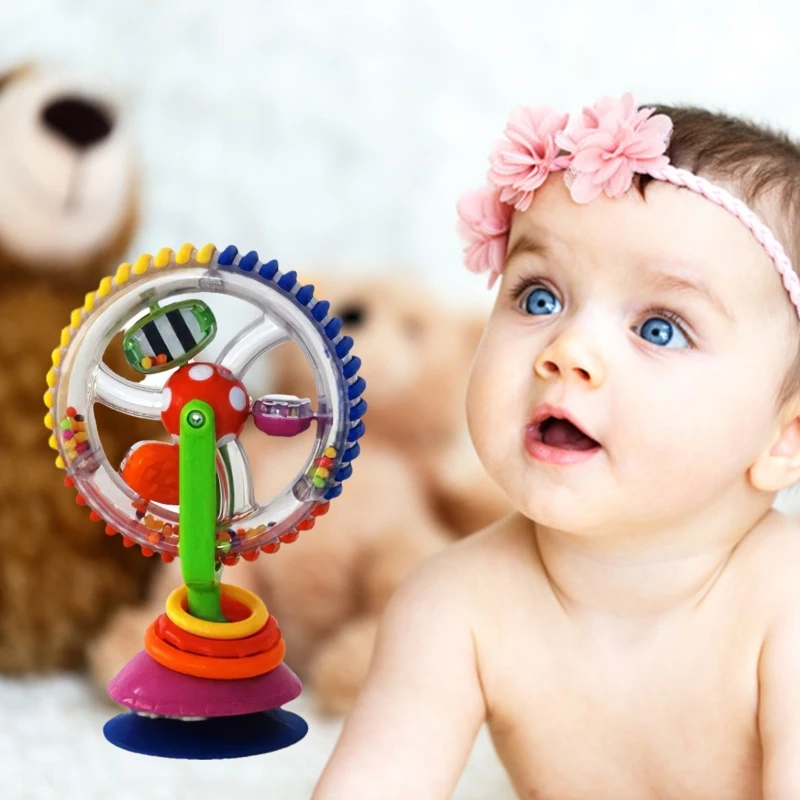 Baby Tummy Time Toy Rainbow Suction Cup Rattle Crib Toy Sky Wheel with Colorful Beads Interactive Rotary for Infant