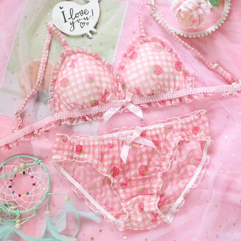 Lolita Underwear Lace Lingerie with Briefs Girl Bra Set Student Sexy Panties Wire Free Bra Bralette Lingerie