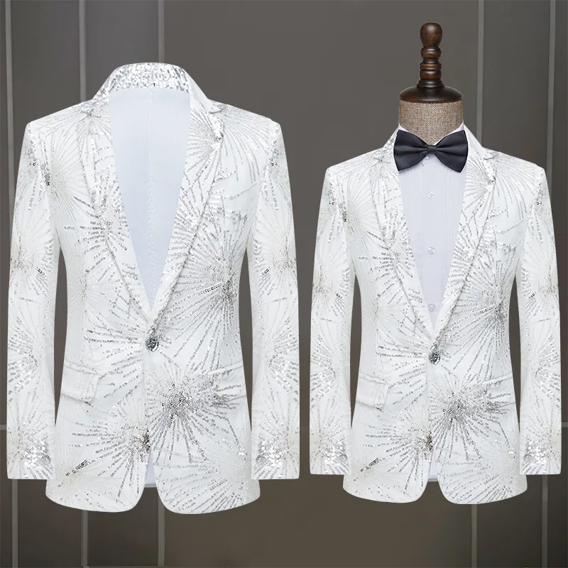 

Bar Nightclub Male Singer Sequins Blazer Stage Performance Glitter Tuxedo Costume White Single Button Slim Host Suit Blazers