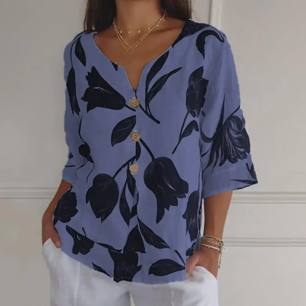 

Women Spring Summer Shirt V Neck Leaf Printed Three Quarter Sleeve Top Loose Retro Thin Soft Breathable Lady Blouse 블라우스