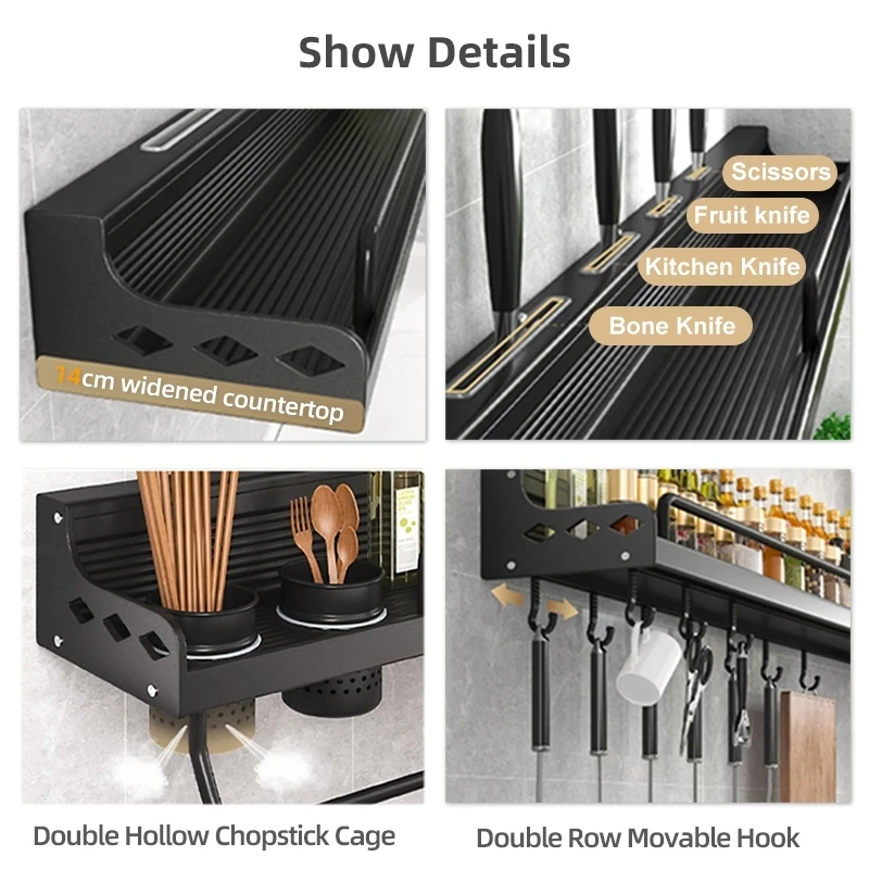 Kitchen Storage Rack Wall-mounted Spice Storage Racks Punch-free Kitchen Knife Holder Wall Season Bottle Chopstick Tube