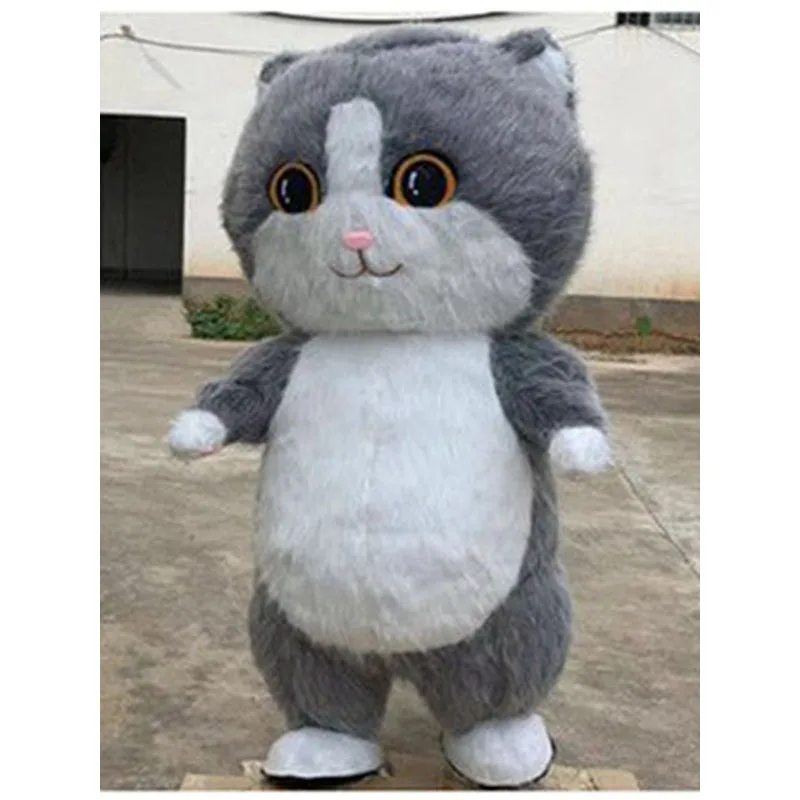 

2m/2.6m Furry Inflatable Grey Cat Mascot Costume Adult Wearable Blow Up Suit Animal Character Fancy Stage Dress Up for Carnival