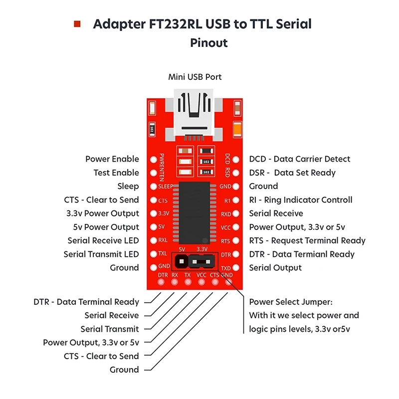 FT232RL 미니 USB-TTL 직렬 변환기 어댑터 모듈, 3.3V, 5.5V, FT232R 포트, DTR, RX, TX, VC, CTS, GND 핀