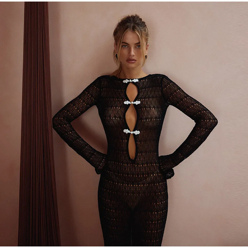 Sexy Hollow Out Knitted Maxi Dress Women Long Sleeve O-neck White Black Holiday Dresses Female 2025 Summer Lady Slim Fit Robes