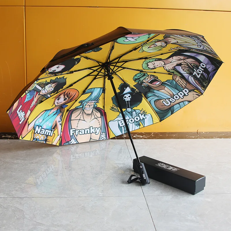 Anime One Piece Luffy Three fold fully automatic Rain Umbrella For Kids  Black Coating Parasol Children Gifts