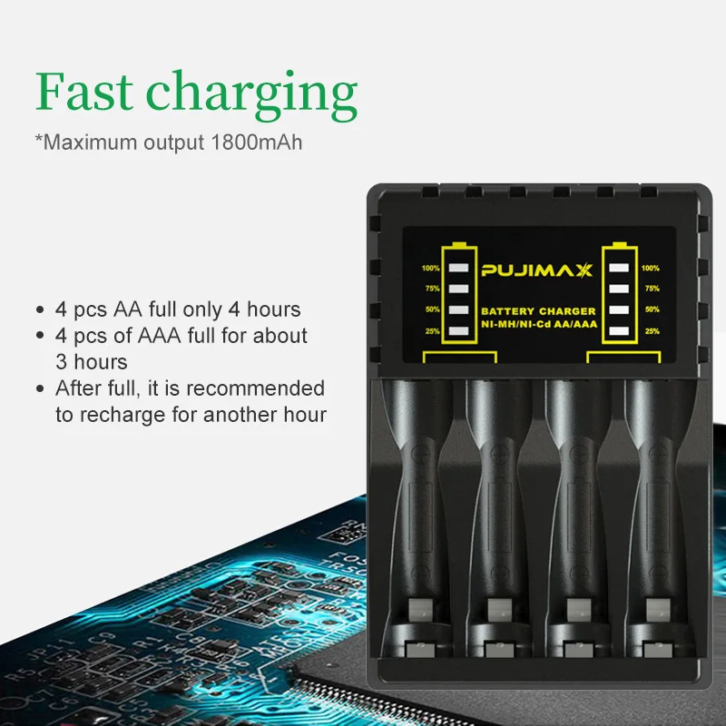 Battery Charger 4 Slot Intelligent Fast Charge With Indicator For 1.2V NiMH NiCd AAA/AA Rechargeable Batteries USB C Micro Jack