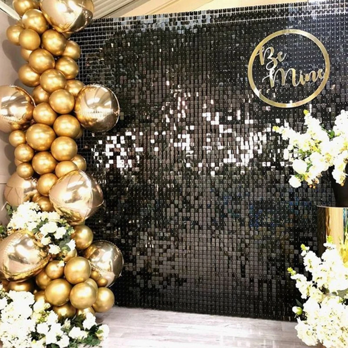 Elegant Black and Gold Glitter Fringe Backdrop Curtains