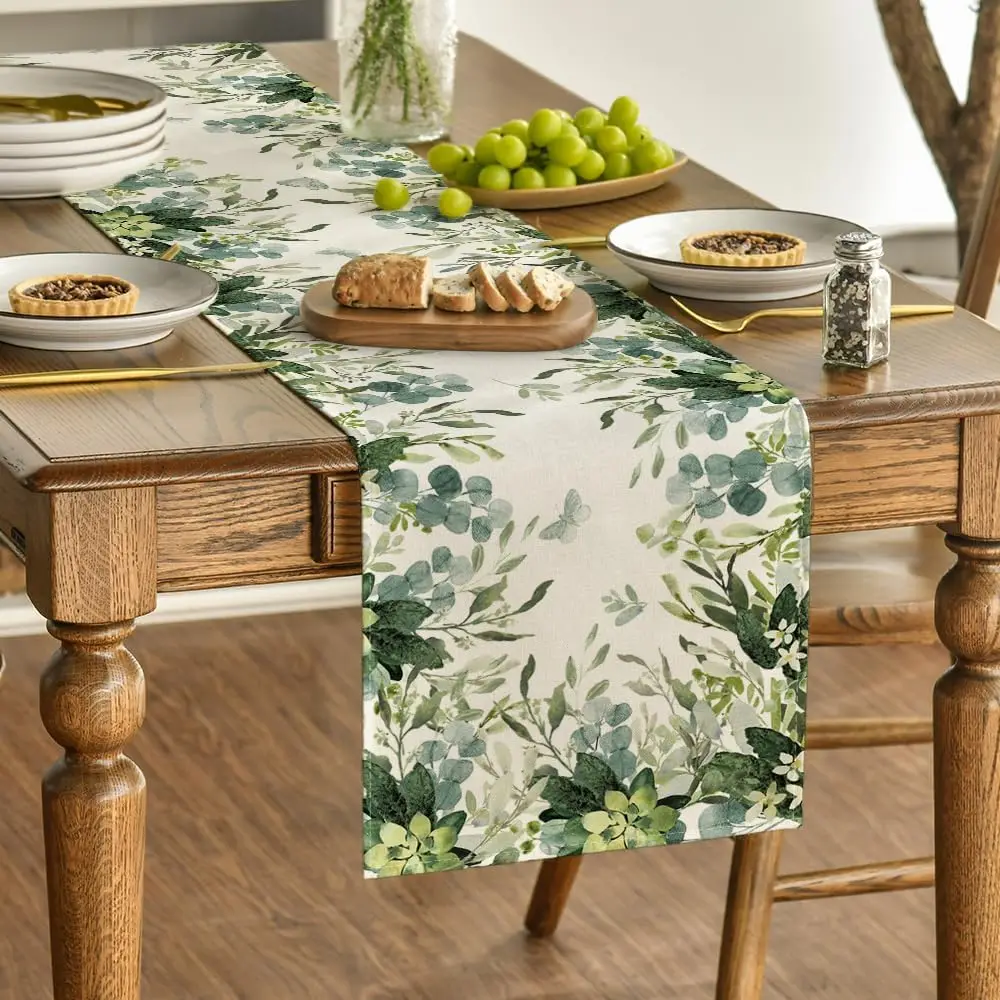 Spring Green Flowers Eucalyptus Linen Table Runner Holiday Party Decor Farmhouse Kitchen Dining Table Runner Wedding Decoration 3