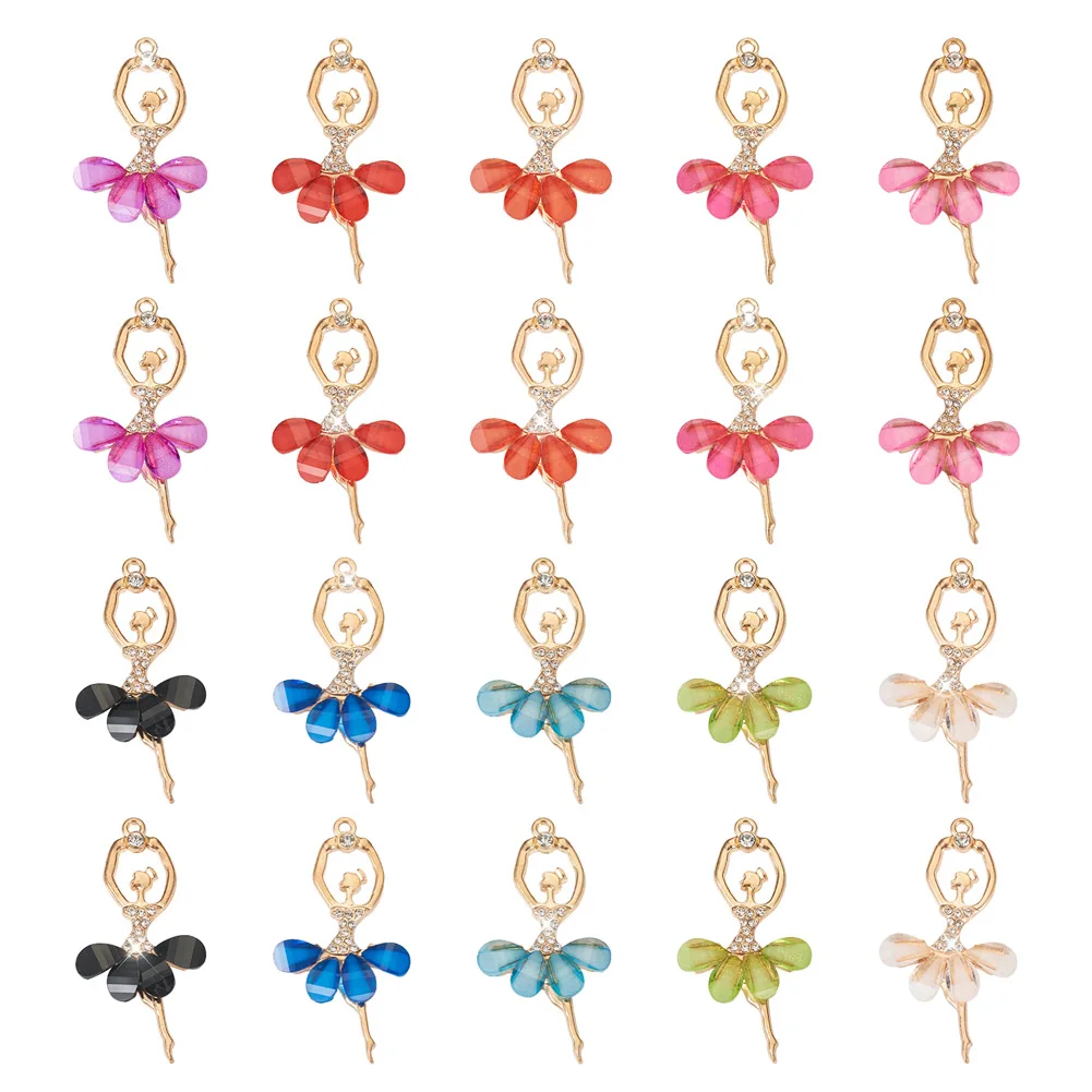 

20Pcs Faceted Crystal Ballerina Charms Inlaid Rhinestone Resin Ballet Dancer Dangle Big Pendant for DIY Necklace Jewelry Making