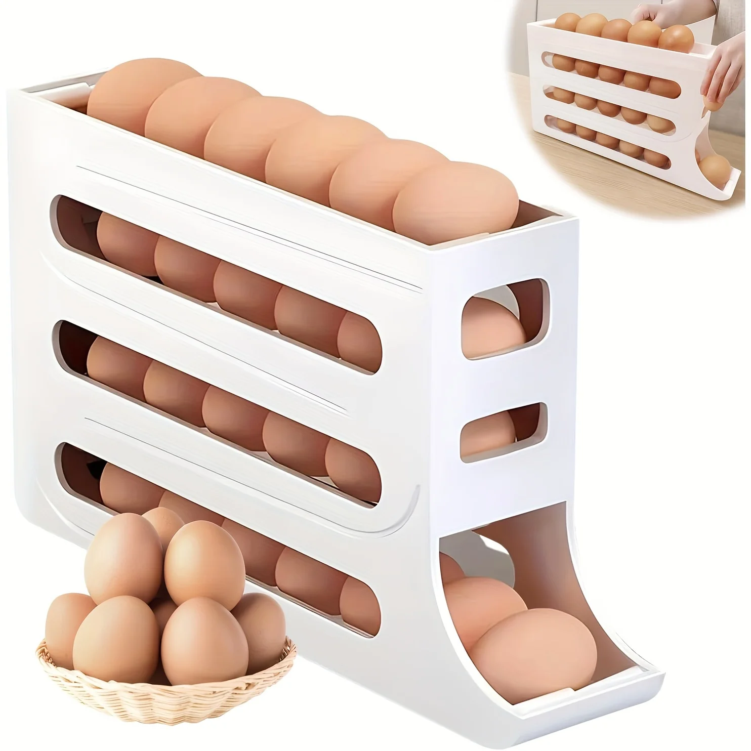 30 Eggs Egg Holder for Fridge - Auto Rolling Fridge Egg Organizer, Space-Saving Egg Dispenser Holder, 4 Tiers Fridge Egg Rack La 2