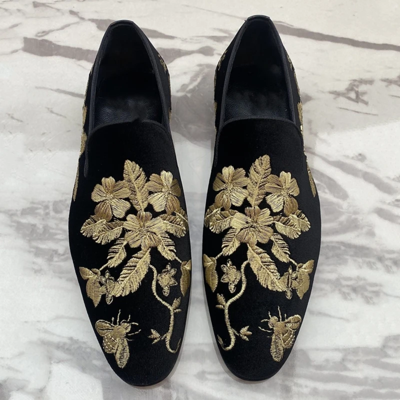 New Loafers for Men Flock Embroider Black Casual Shoes Slip-On Breathable Handmade Free Shipping Mens Dress Shoes Size 38-48 - 2