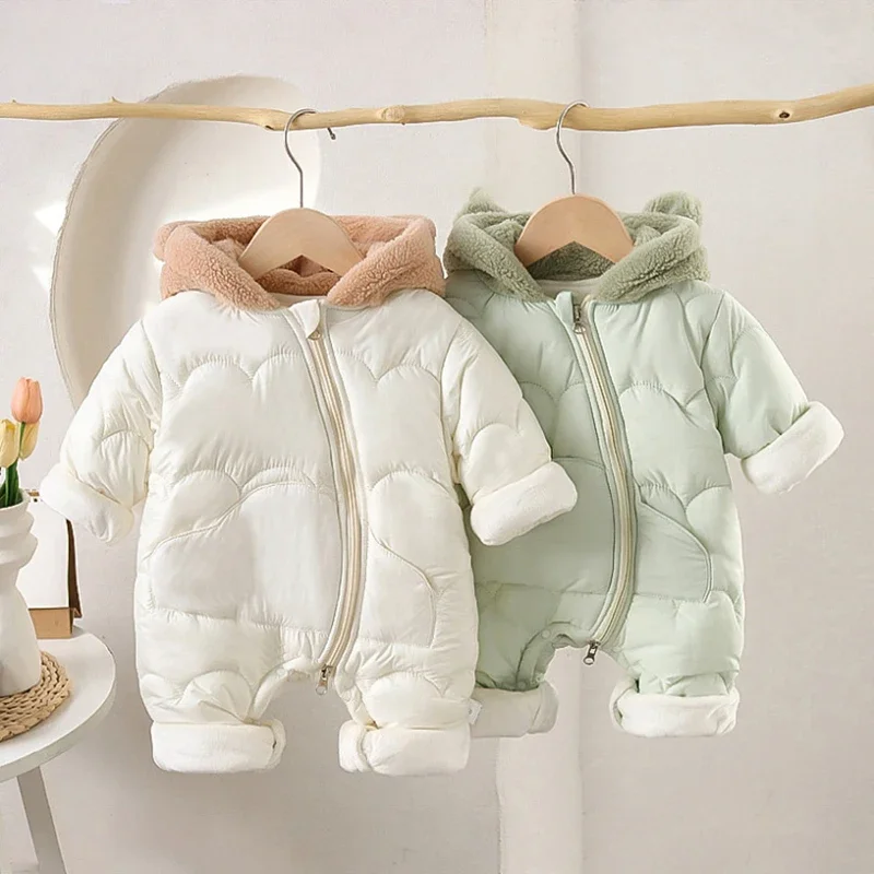 Thickened Fleece Hooded Romper for Baby Boys and Girls