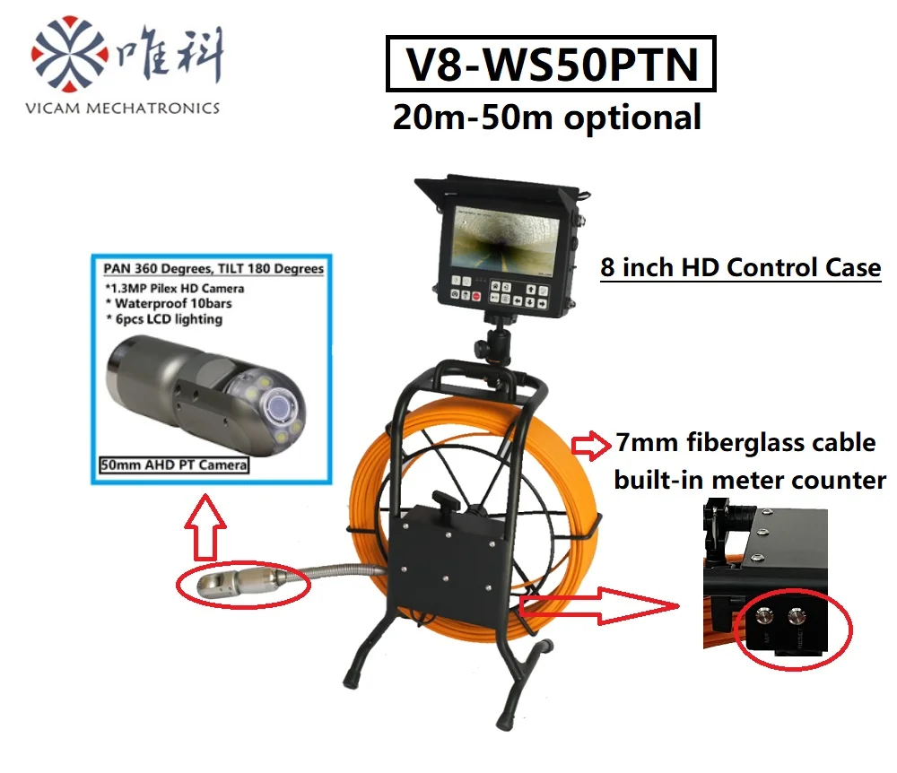 50mm Pan-Tilt Borescope Inspection Camera 20m 50m Pipe Video Camera 8 inch  AHD control case V8-WS50PTN Endoscope Camera - AliExpress