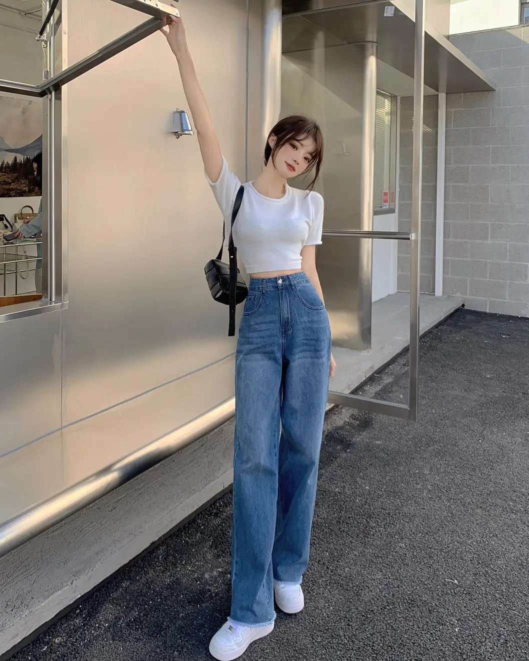 Letter Embroidery Women Jeans Blue Cotton Large Hem Straight Legs Wrinkel Wash Women Denim Trousers