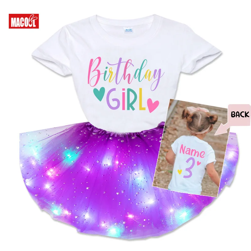 

Girls Birthday Tutu Sets Outfits Birthday Party Skirt Sets T Shirt Set Led Light Dress Kids Suit Clothes Tutu Skirt Custom Name