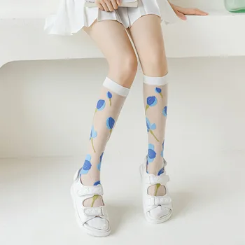 Summer Ultra-thin Nylon Long Socks Stockings See Through Transparent Knee High Socks Floral Print Japanese Kawaii Cute Stockings 3