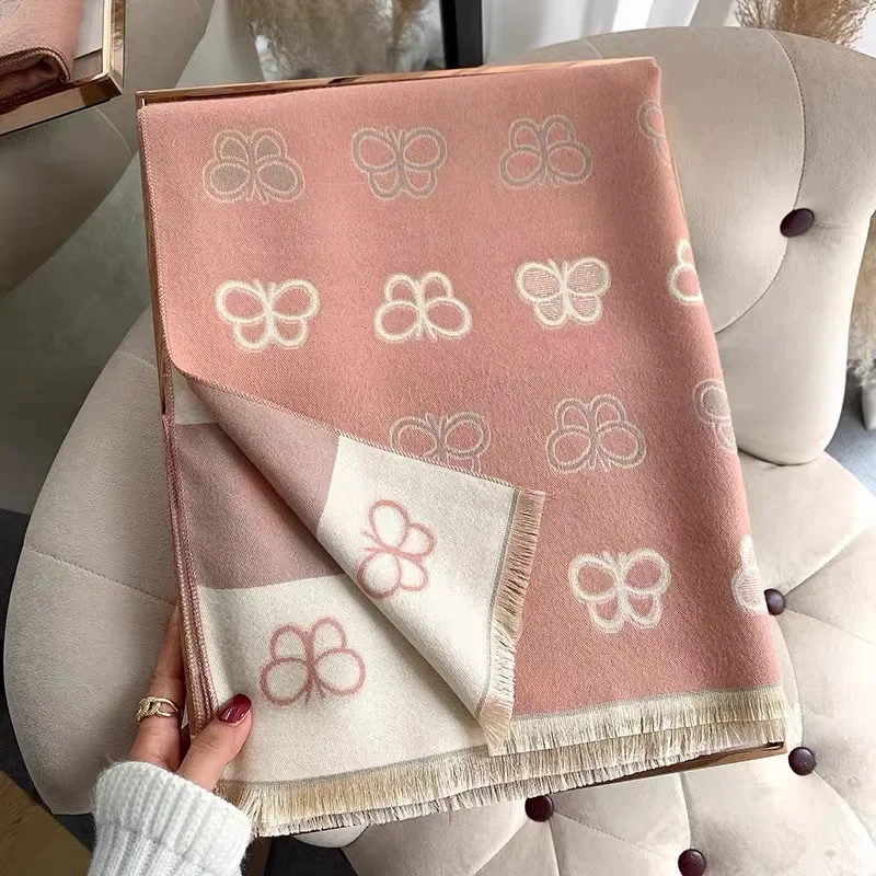 Women's Autumn and Winter Scarf Korean Version of Cute and Sweet Butterfly 100% Cashmere Thickening Warm Neck Scarf Double-sided