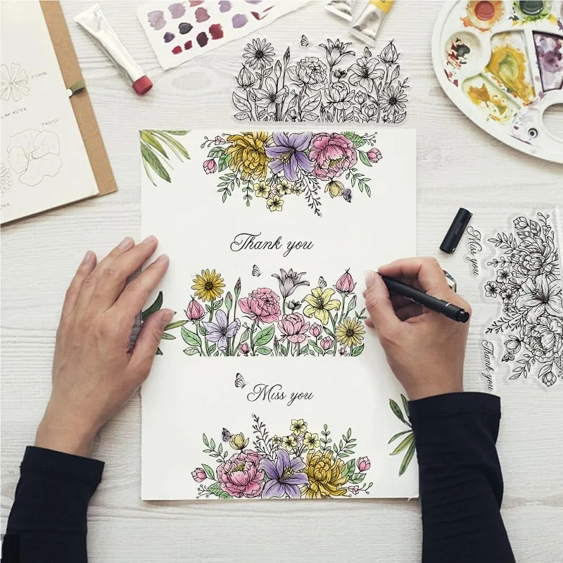 Clear Rubber Stamps 1Sheet Flower Background Clear Stamps Leaves Rubber Stamps Wishing Words Silicone Silicone Transparent Seal