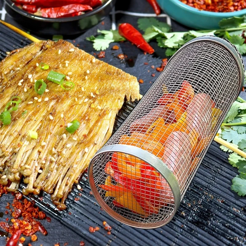 Rolling Grilling Basket Stainless Steel Leakproof Mesh Barbecue Rack Outdoor Picnic Camping Grill Basket Cylindrical BBQ Grill