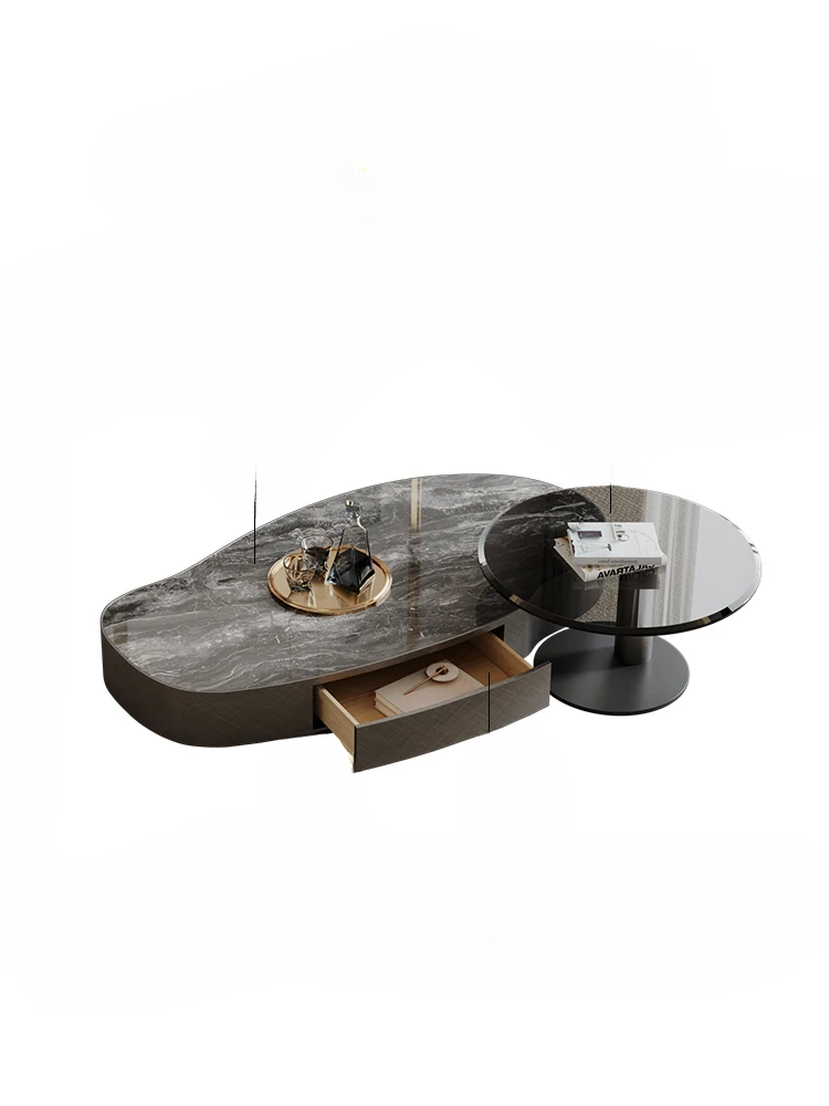 

Italian light luxurystainless steel small apartment storage box, living room, special-shaped coffee table, rock slab TV cabinet