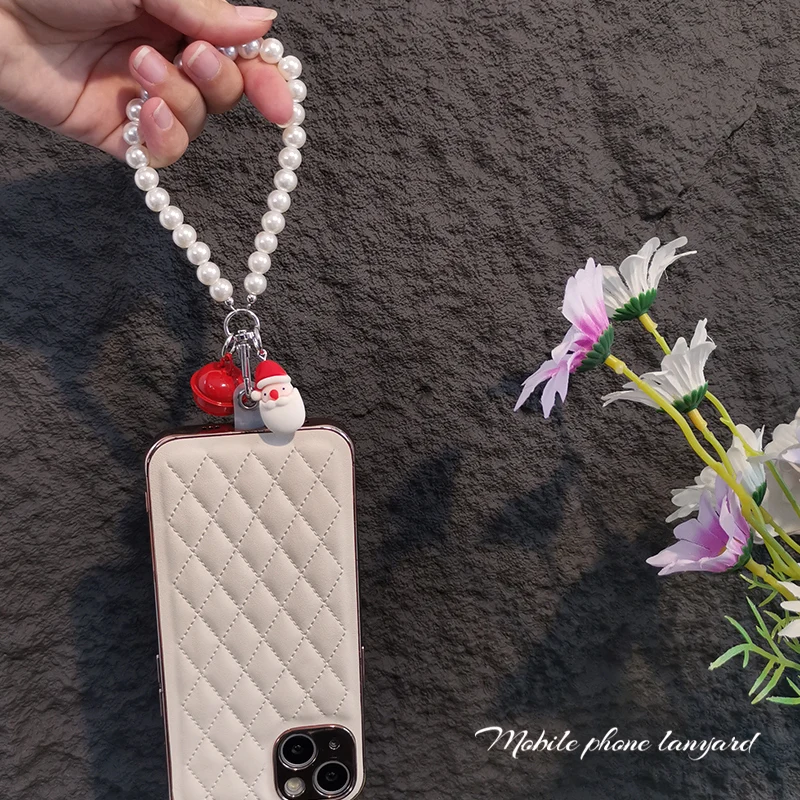 Mobile Phone Lanyard Short Christmas Wrist Chain Bell Santa Claus Pearl Handmade Beaded Pendant Hanging Tag Anti Loss Sling