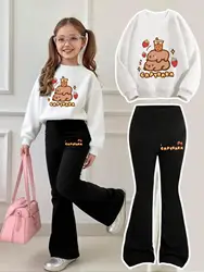 Girls' Capybara Milk Tea Sweatshirt with Strawberry Print and Flared Black Pants Set - 9 - 10Y (WHITE)