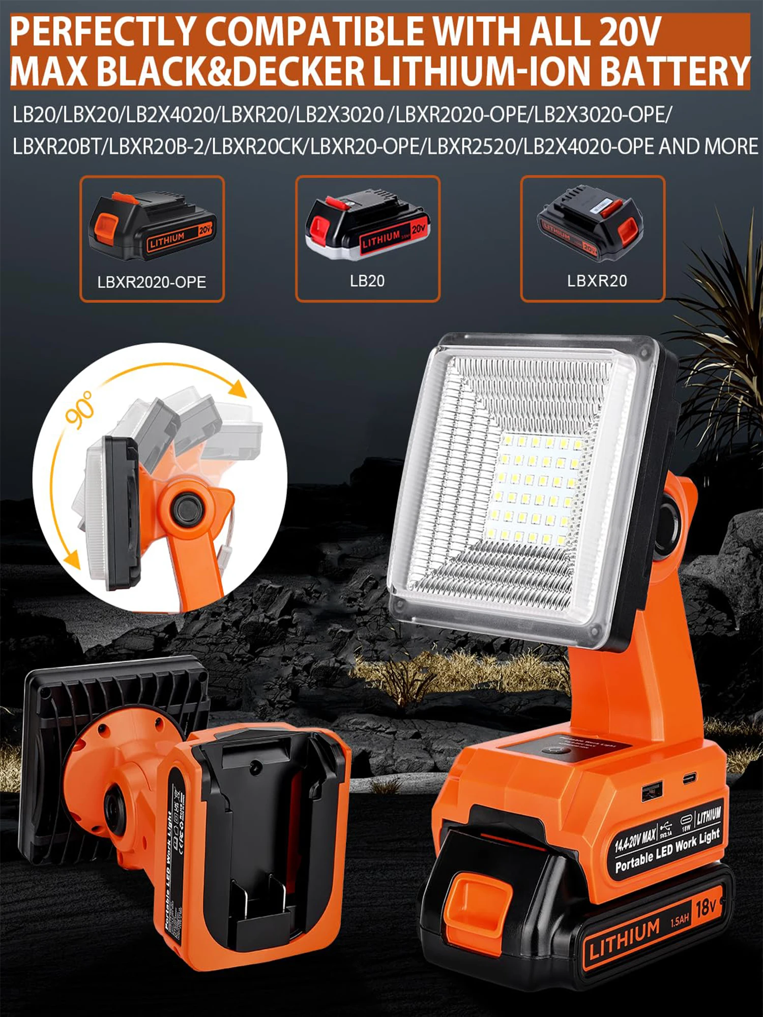 1500LM LED Work Light for Black and Decker 20v Battery 25W Floodlight with Fast