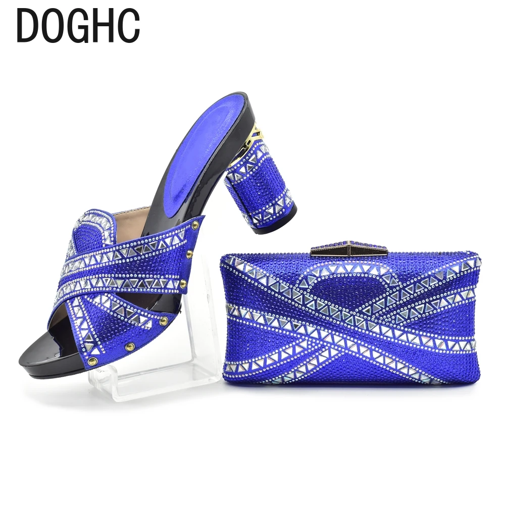 

Blue Color Ladies Matching Shoe and Bag Set Decorated with Rhinestone Nigerian Party Shoe and Bag Set High Quality Shoes and Bag