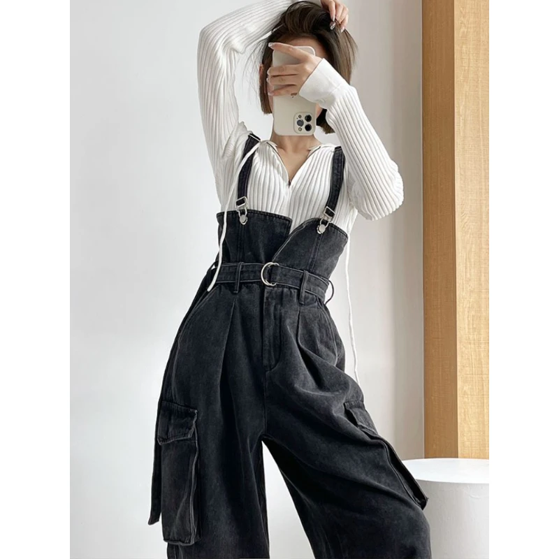 

Denim Jumpsuits Women High Waisted Cargo Trousers American Streetwear Teens Personal Hipsters Pure Big Pockets Washed Clothes