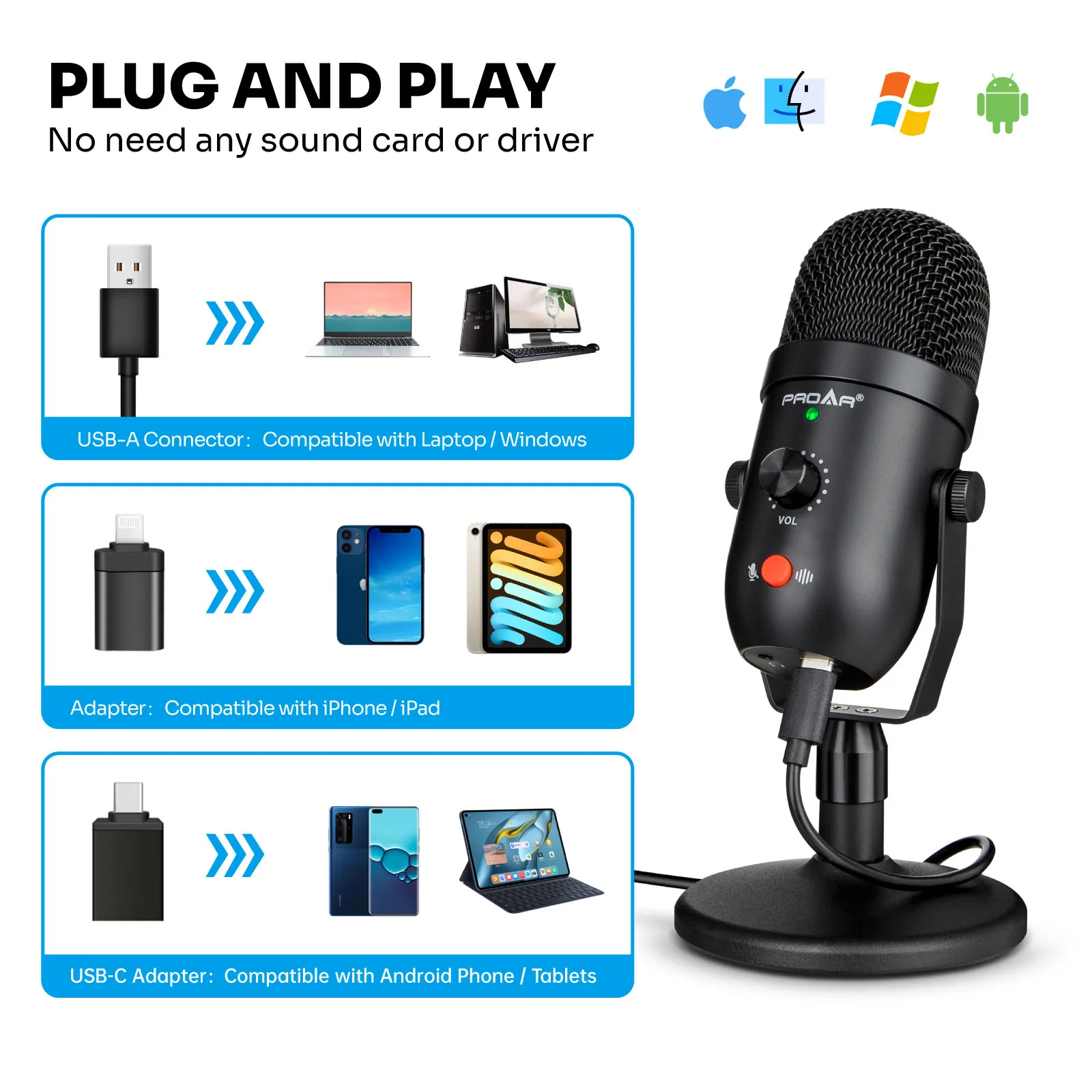 Micrófono para podcast, kit de micrófono USB para teléfono,  PC/Micro/Mac/Android, micrófono profesional de estudio Plug & Play con  soporte para