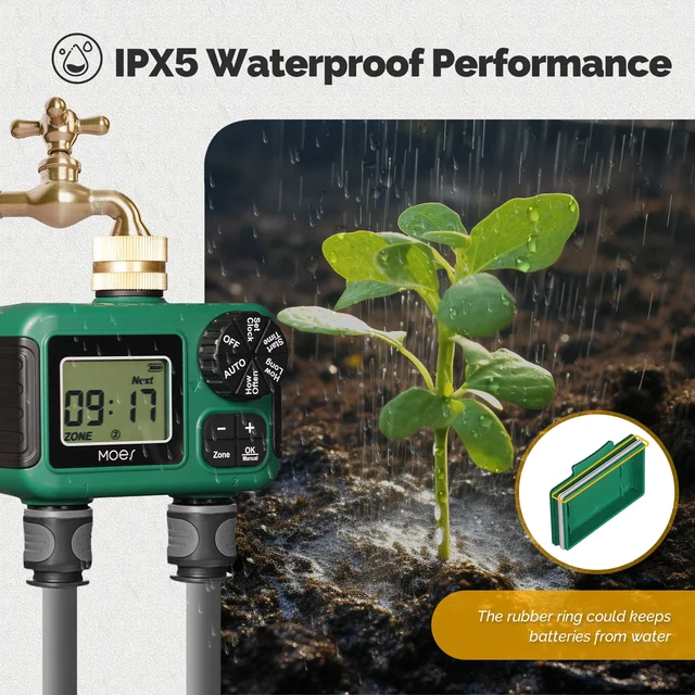 MOES Brass Water Timer 2-Outlet IPX5 Waterproof LCD Display Smart Irrigation Control Rain Delay Child Lock Outdoor Use 4