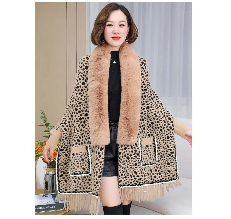 Autumn Winter New Imitation Mink Imitation Wool Collar Knitted Shawl Women  Tassels Poncho Lady Capes Khaki Cloaks winter women printed shawl luxurious real fox fur collar wool cashmere poncho capes khaki blue cardigan out street wear coat