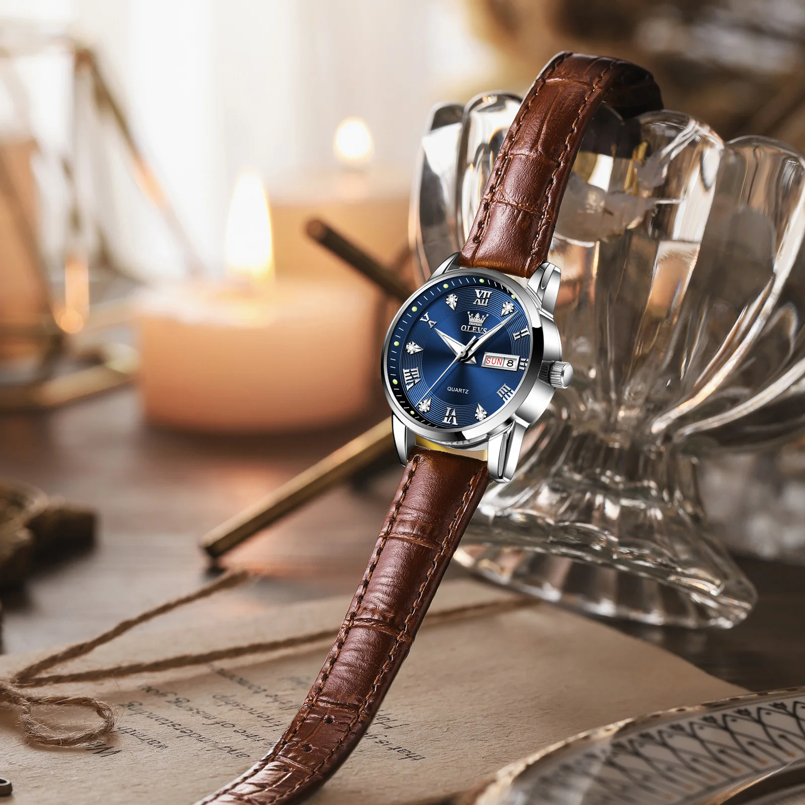 OLEVS Best Selling Original Leather Strap Waterproof Woman Watch Luminous Calendar Business Fashion Quartz Women's Wristwatch 4