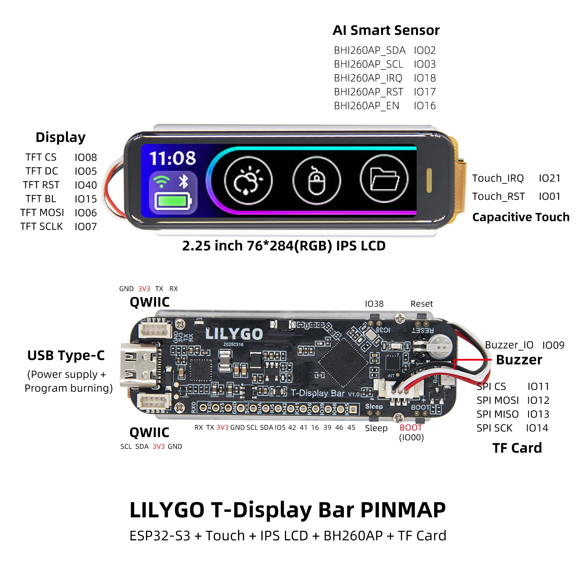 ® T-Display-Bar ESP32-S3 Development Board 2.25-inch RGB LCD Display BHl260AP Se
