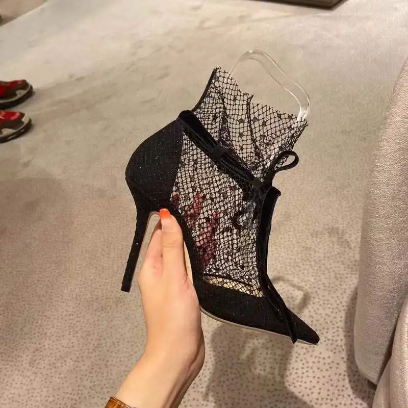 Breathable lace mesh high heels for women's 2024 new summer internet celebrity sandals pointed toe thin heel mesh Roman sandals