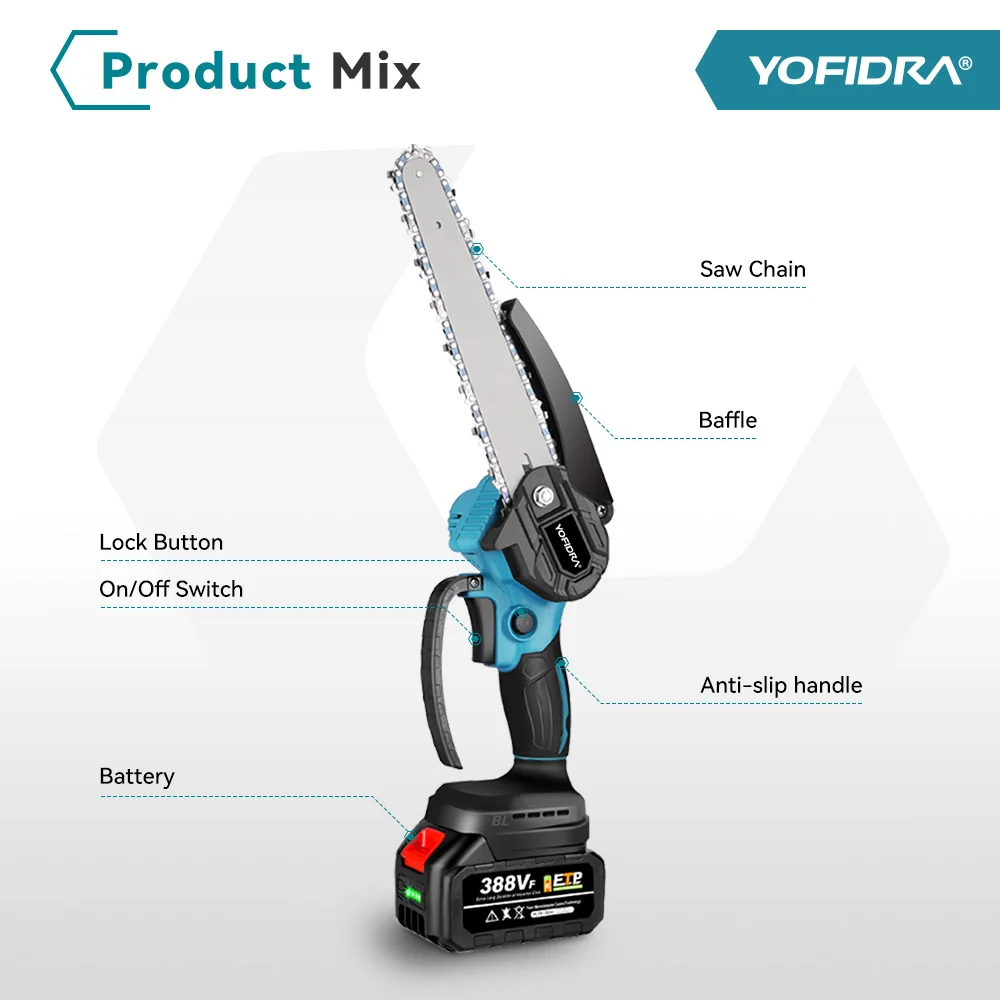 YOFIDRA 3000W 8Inch Brushless ChainSaw Handheld Cordless Pruning Cutting Chain Saw WoodWooking Power Tool For Makita Battery Pin — view 3