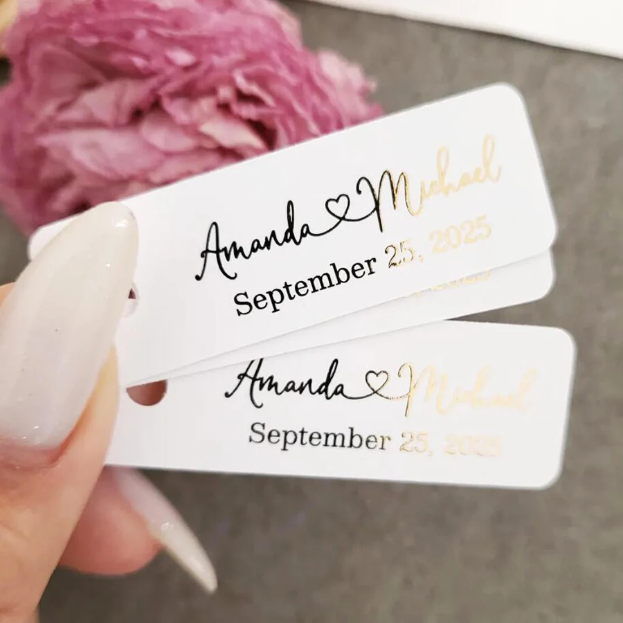 50 יחידות תגיות חתונה מותאמות אישית, תגיות שמות חתונה מותאמות אישית, תוויות מלבניות מותאמות אישית פויל זהב כסף פויל שחור טקסט