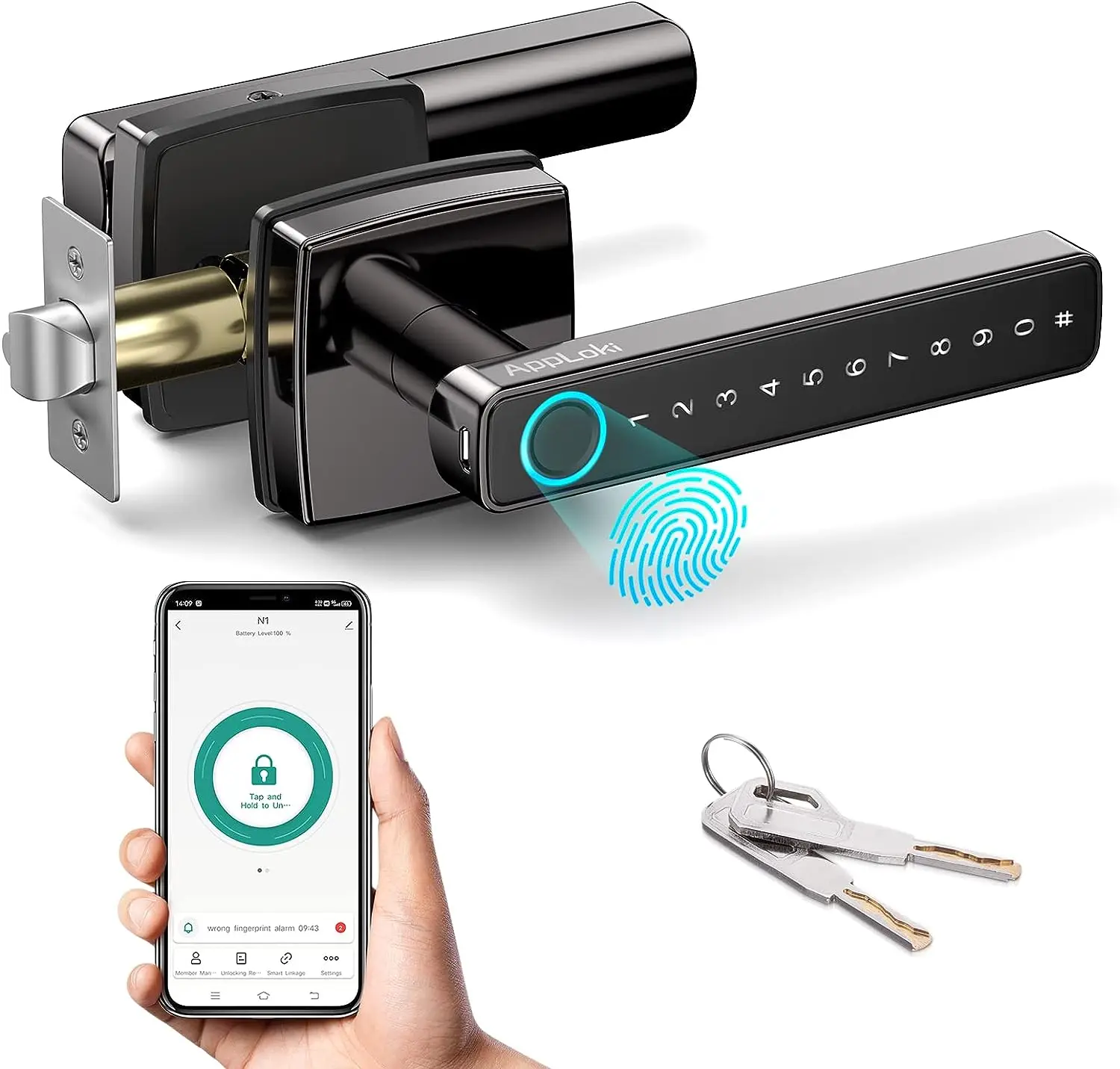 

Fingerprint Keyless Entry Door Lock with Bluetooth Touch Screen Door Lock with Reversible Handle App Password Biometrics